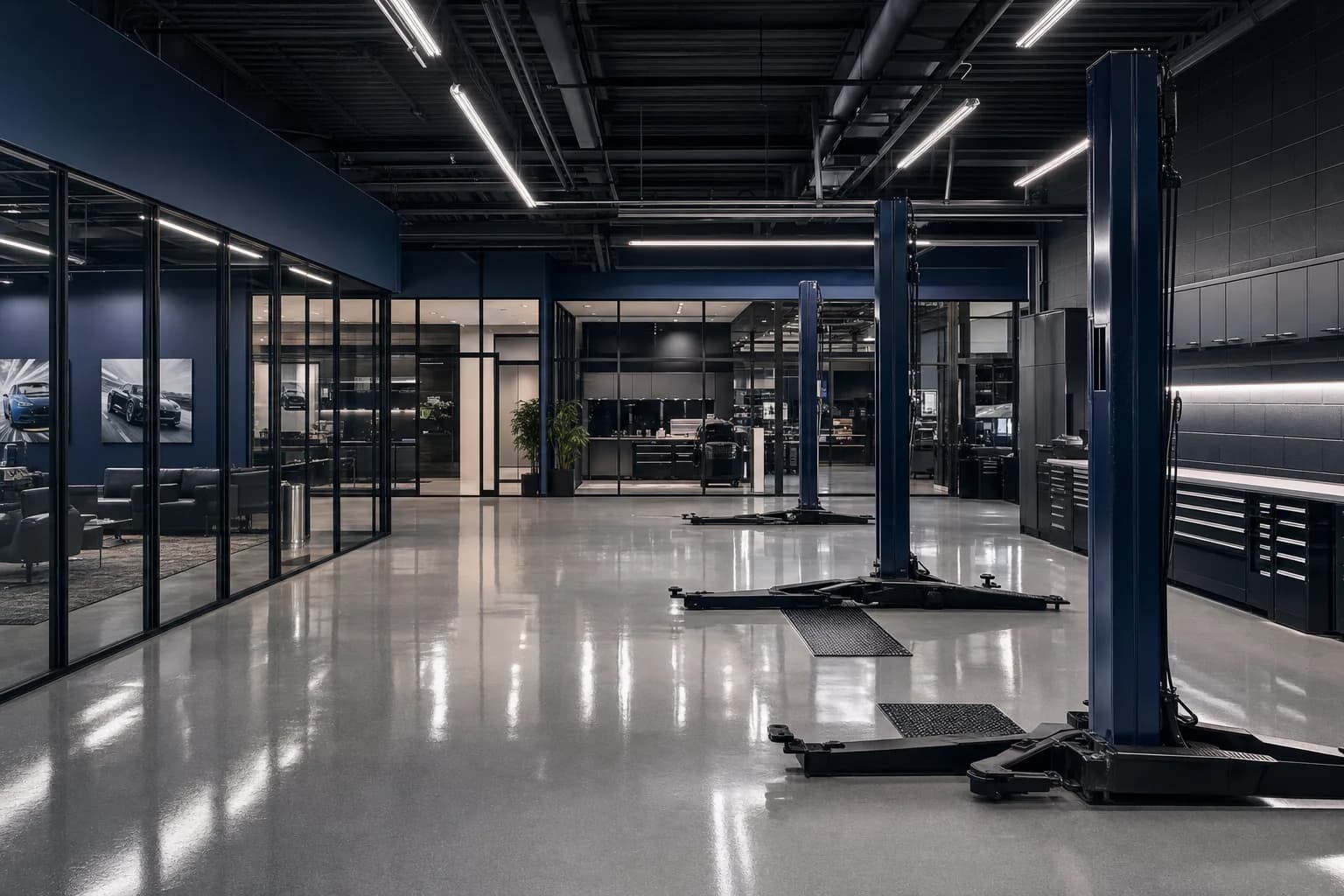 A pristine modern automotive service shop with two-post lifts and polished floors