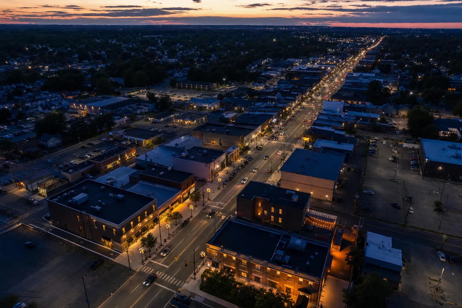 Aerial view of a commercial retail corridor at dusk
