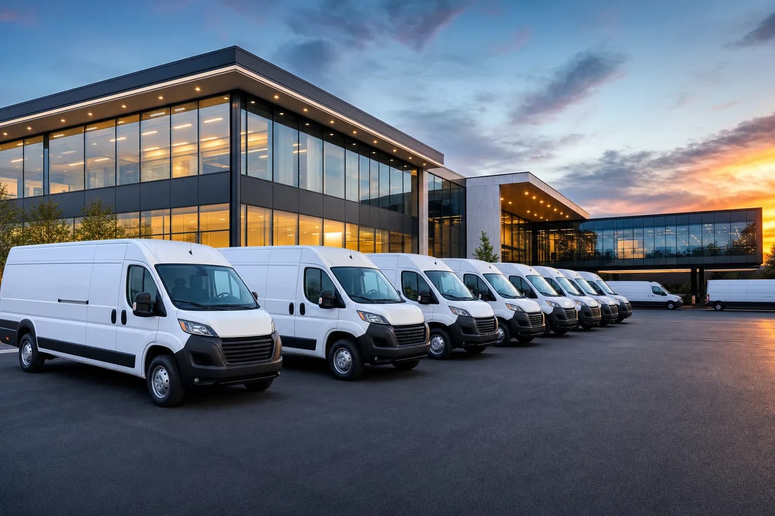 A fleet of white cargo vans lined up outside a modern glass office building at dusk