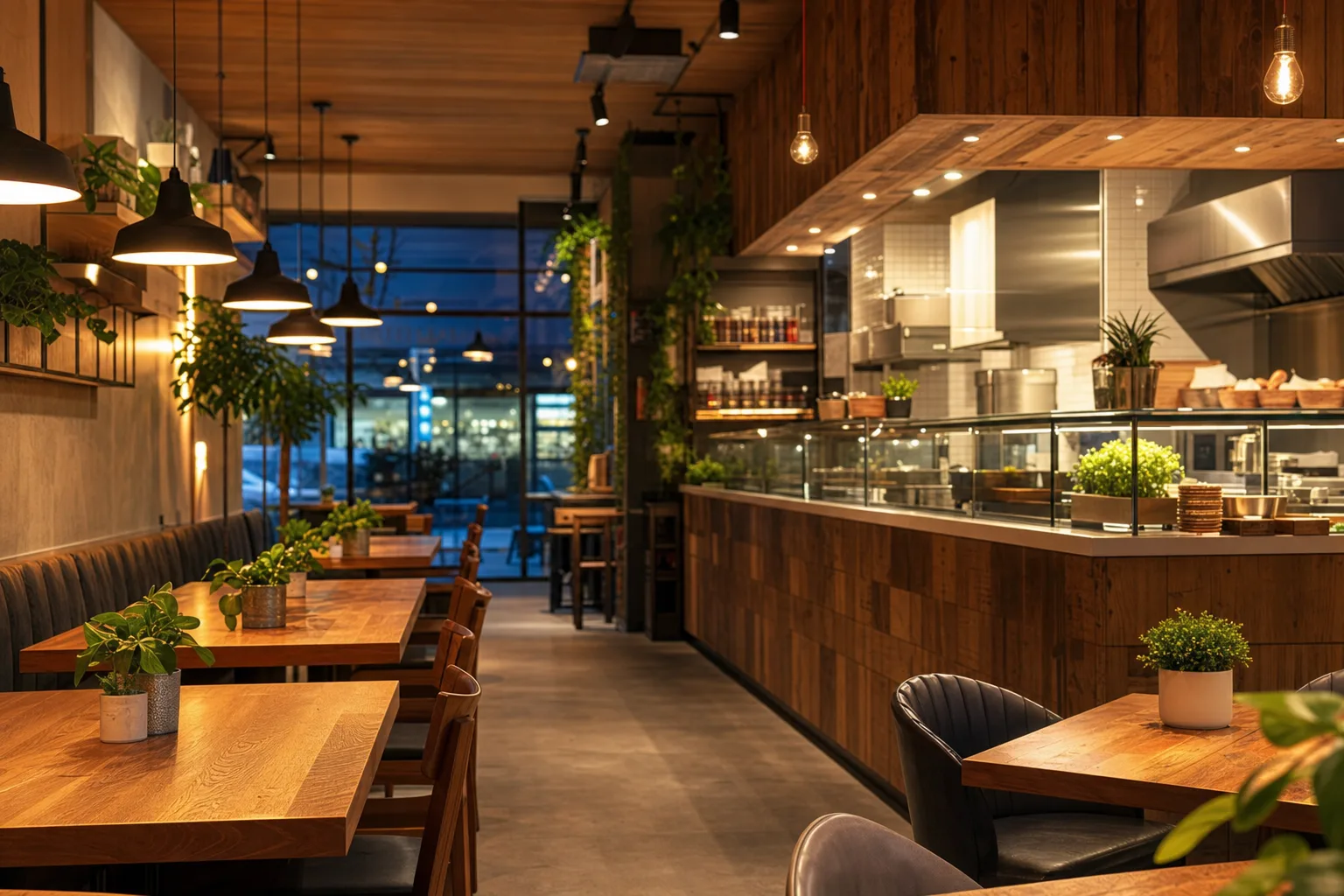 Interior of a counter-service restaurant with warm light and clean lines