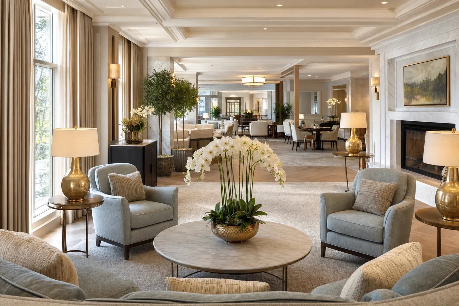 An upscale senior living lounge with soft armchairs, a fireplace, and warm daylight